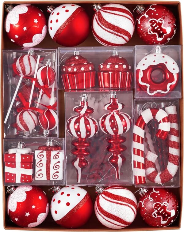 Valery Madelyn Christmas Ball Ornaments Set, 80ct Candy Cane Red and White Shatterproof Christmas Tree Decorations, Variety Decorative Hanging Ornaments for Xmas Trees Bulk Holiday Party Decor - Image 2