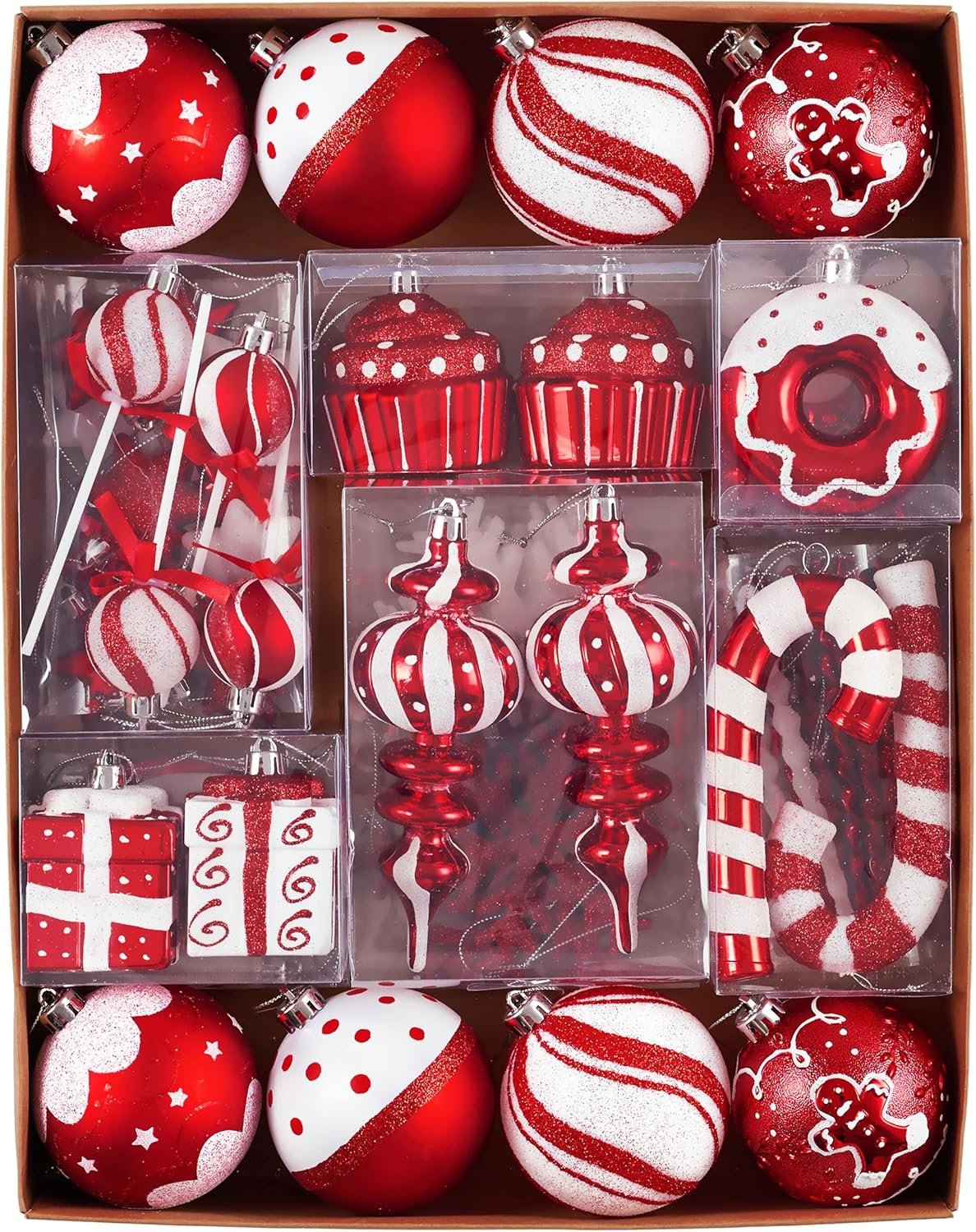 Valery Madelyn Christmas Ball Ornaments Set, 80ct Candy Cane Red and White Shatterproof Christmas Tree Decorations, Variety Decorative Hanging Ornaments for Xmas Trees Bulk Holiday Party Decor - Image 2