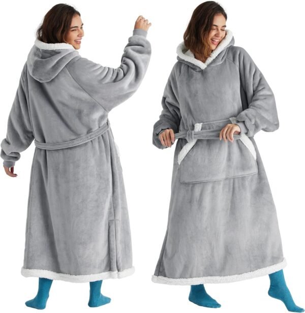 Bedsure Wearable Blanket Hoodie Women - Long Sherpa Hooded Blanket for Adult Warm Cozy Blanket Sweatshirt Gifts for Women Men, Standard, Grey - Image 2
