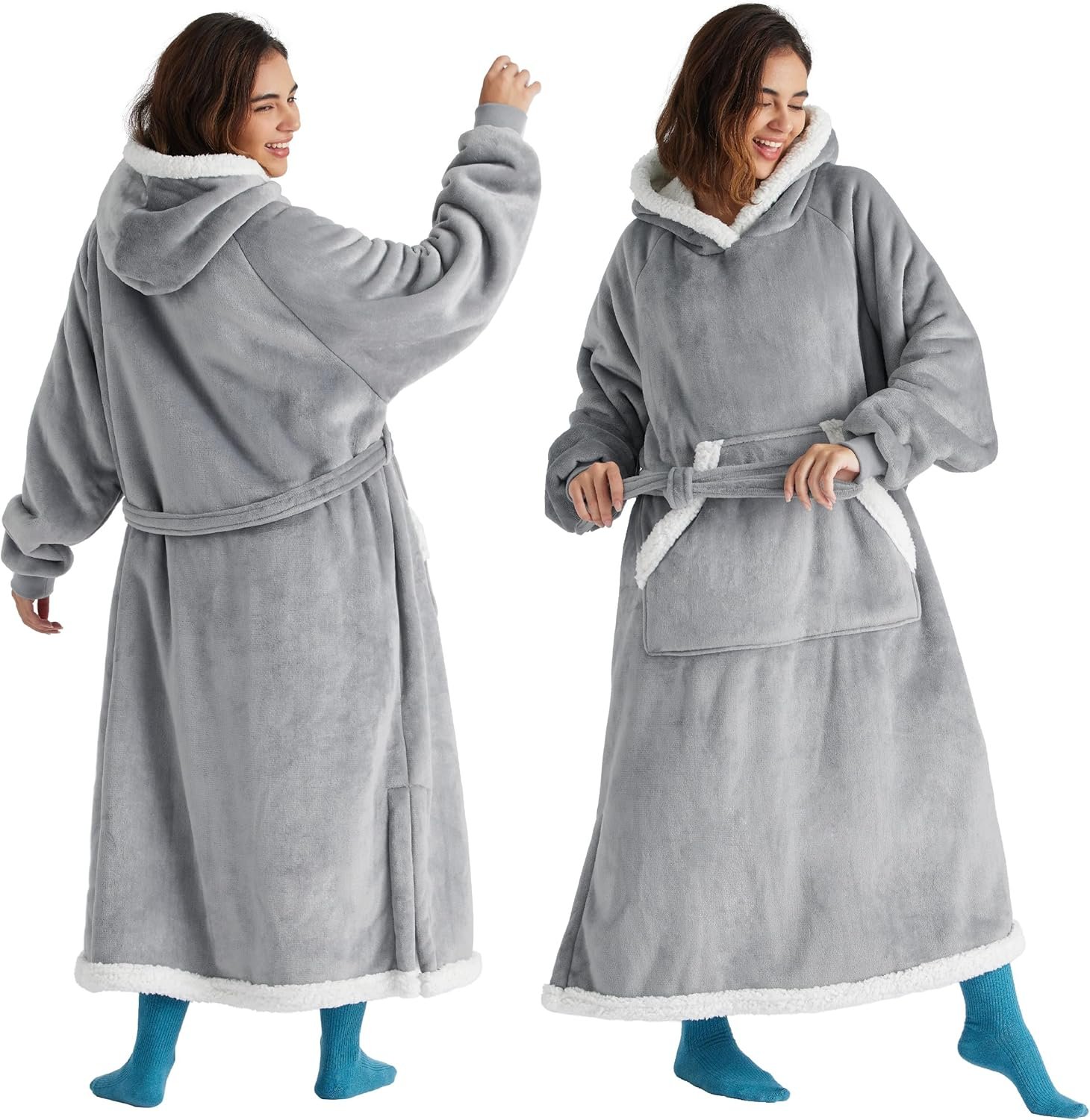 Bedsure Wearable Blanket Hoodie Women - Long Sherpa Hooded Blanket for Adult Warm Cozy Blanket Sweatshirt Gifts for Women Men, Standard, Grey - Image 2