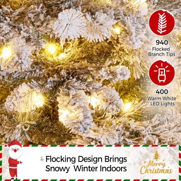 Yaheetech 6ft Pre-Lit Artificial Christmas Tree with 400 Warm White LED Lights & 940 PVC Tips,Hinged Snow Flocked Xmas Tree with Foldable Stand & Protective Foot Caps,Green & White - Image 8