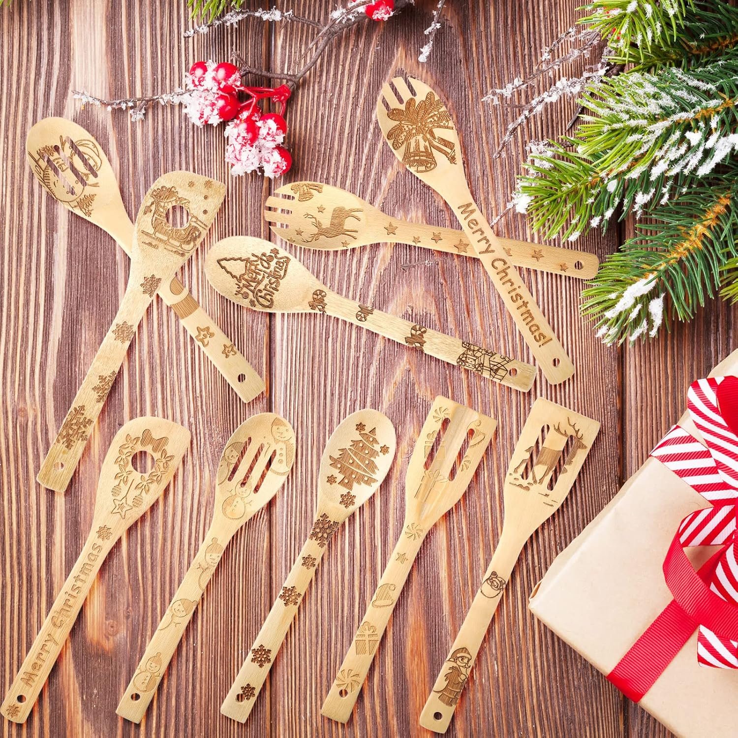10 Piece Christmas Spatula Burned Spoons Wooden Christmas Kitchen Utensils Spoon Wood Slotted Decorated Wooden Spoons Spatula Christmas Cooking Utensils for Christmas Kitchen Decoration - Image 8