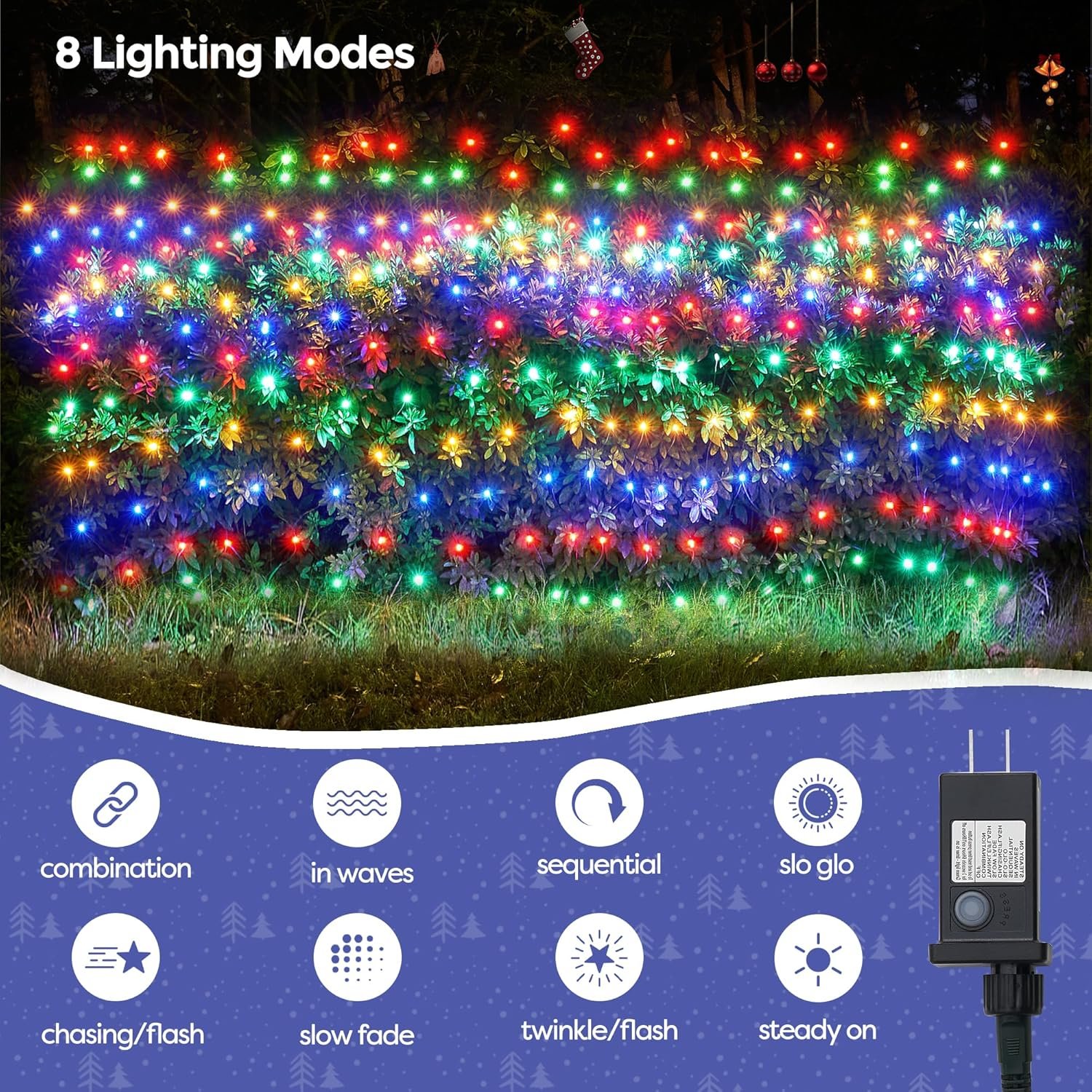 WBao Christmas Net Lights, 200LED 8.4ft x 5.2ft Christmas Lights with 8 Modes, Timer, End to End Connectable, Waterproof LED Net Lights for Lawn, Bushes, Tree Outdoor Christmas Decorations, Multicolor - Image 4