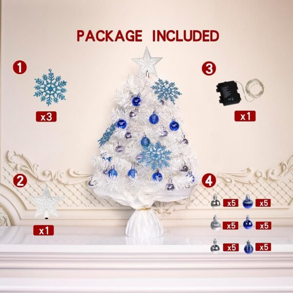 23 Inch Mini Christmas Tree Artificial Tabletop Christmas Tree with LED Lights and Ornaments for DIY Christmas Decoration,White - Image 3