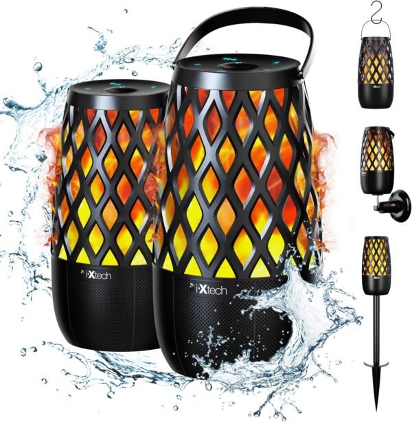 IXTECH Outdoor Bluetooth Speaker Waterproof Wireless Upgraded Portable Speaker with LED Flame Lights Linkable Torch Lantern Speaker for Party Pool Camping Halloween Christmas Birthday Gift 2 Pack - Image 2