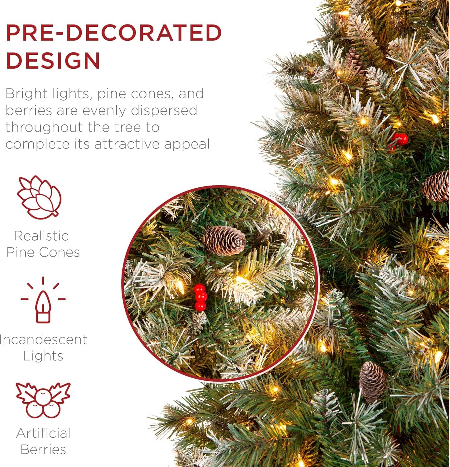 Best Choice Products Christmas Tree Pre-Lit, Pre-Decorated Artificial 6ft Frosted Pine Holiday Decoration w/Frosted Tips, Pine Cones, Berries - Image 4