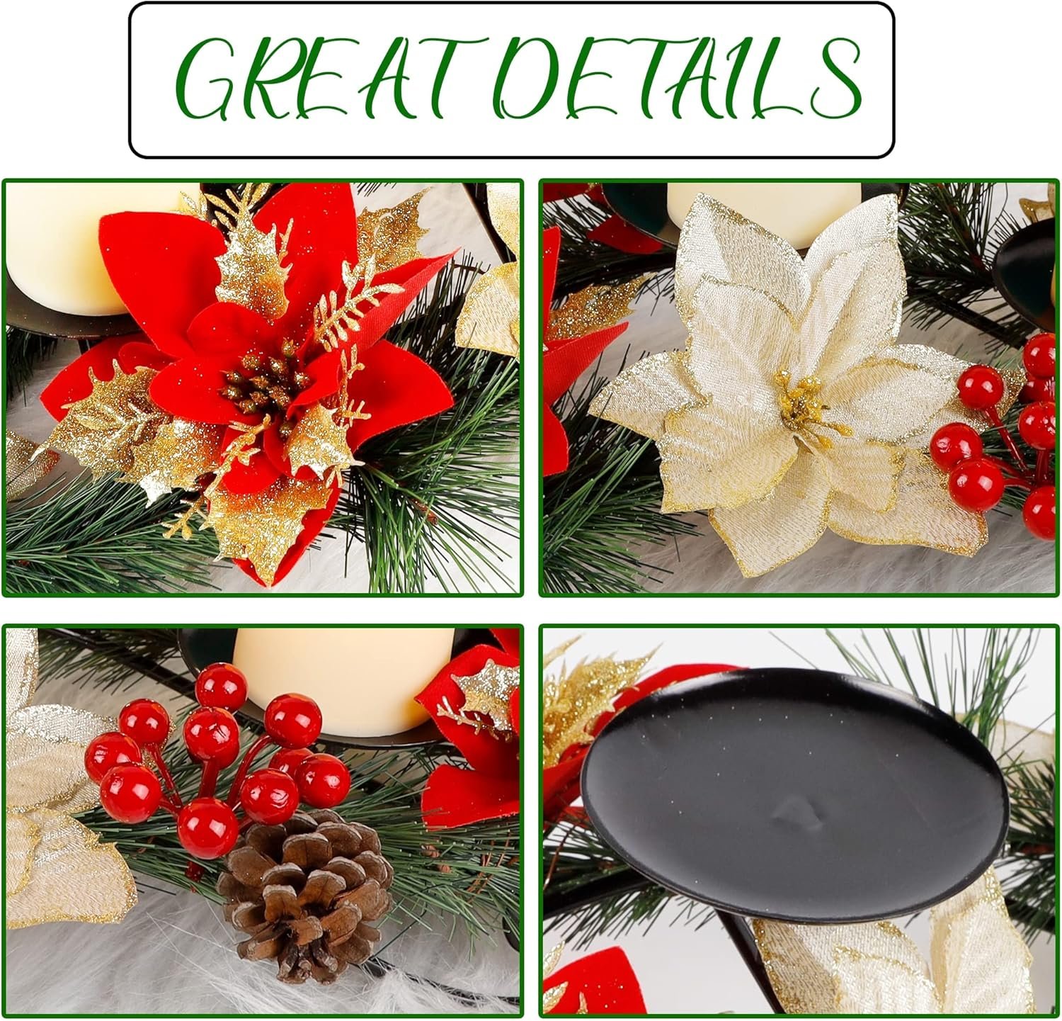 Joliyoou Christmas Tabletop Centerpieces, Metal Candle Holder with 3 Flameless Candles Lights, Poinsettia Adorned Candelabrum for Xmas Holiday Table Mantle Decoration, 17.5 x 9.8 x 4.7 Inch - Image 5