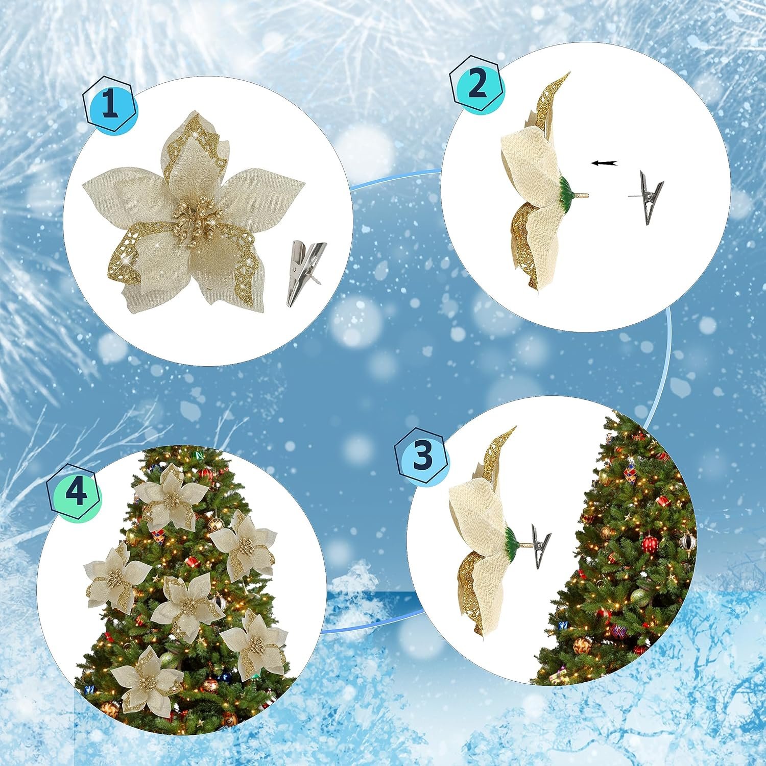 12 PCS Poinsettia Flower Artificial Poinsettia Christmas Decoration 5.9'' Gold Glitter Poinsettias Christmas Ornaments Christmas Tree Flower Decor with Clips DIY Xmas Wreath Holiday Home Party Decor - Image 5