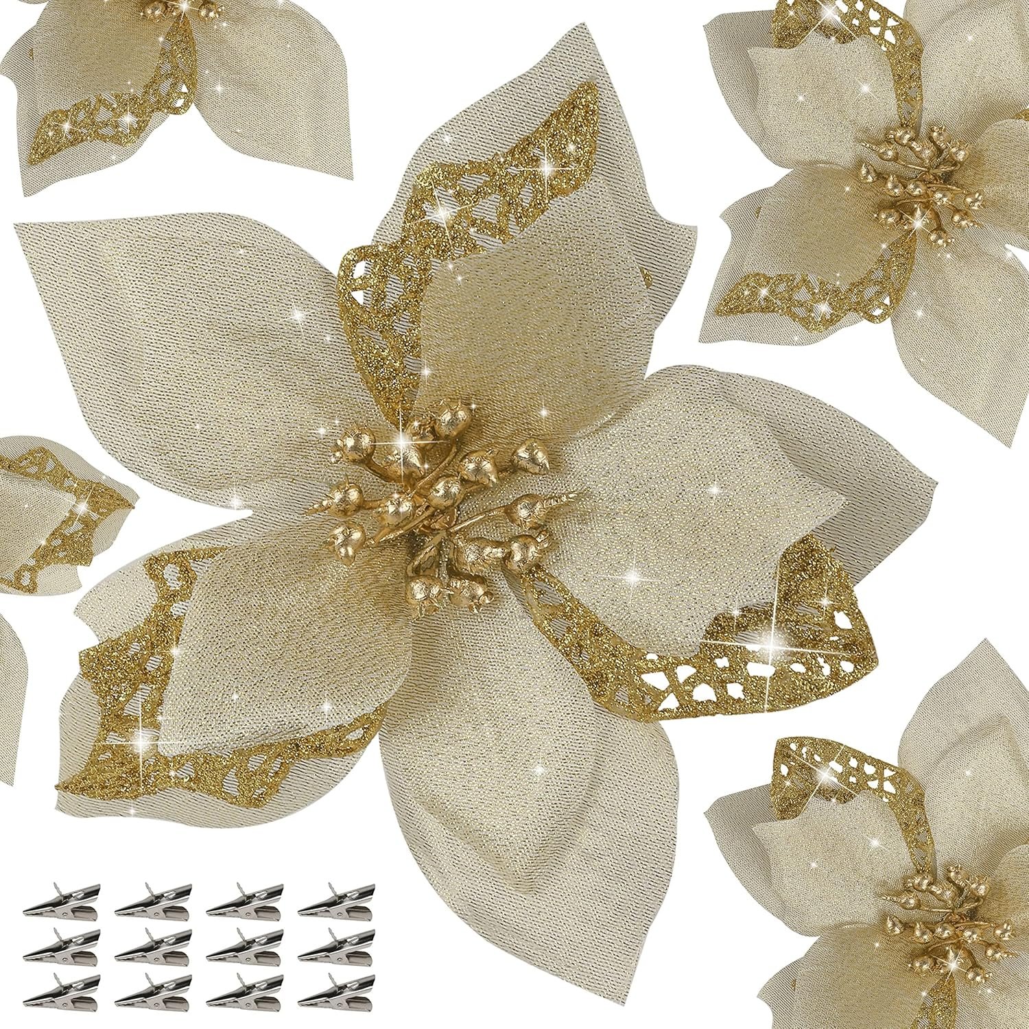 12 PCS Poinsettia Flower Artificial Poinsettia Christmas Decoration 5.9'' Gold Glitter Poinsettias Christmas Ornaments Christmas Tree Flower Decor with Clips DIY Xmas Wreath Holiday Home Party Decor - Image 2