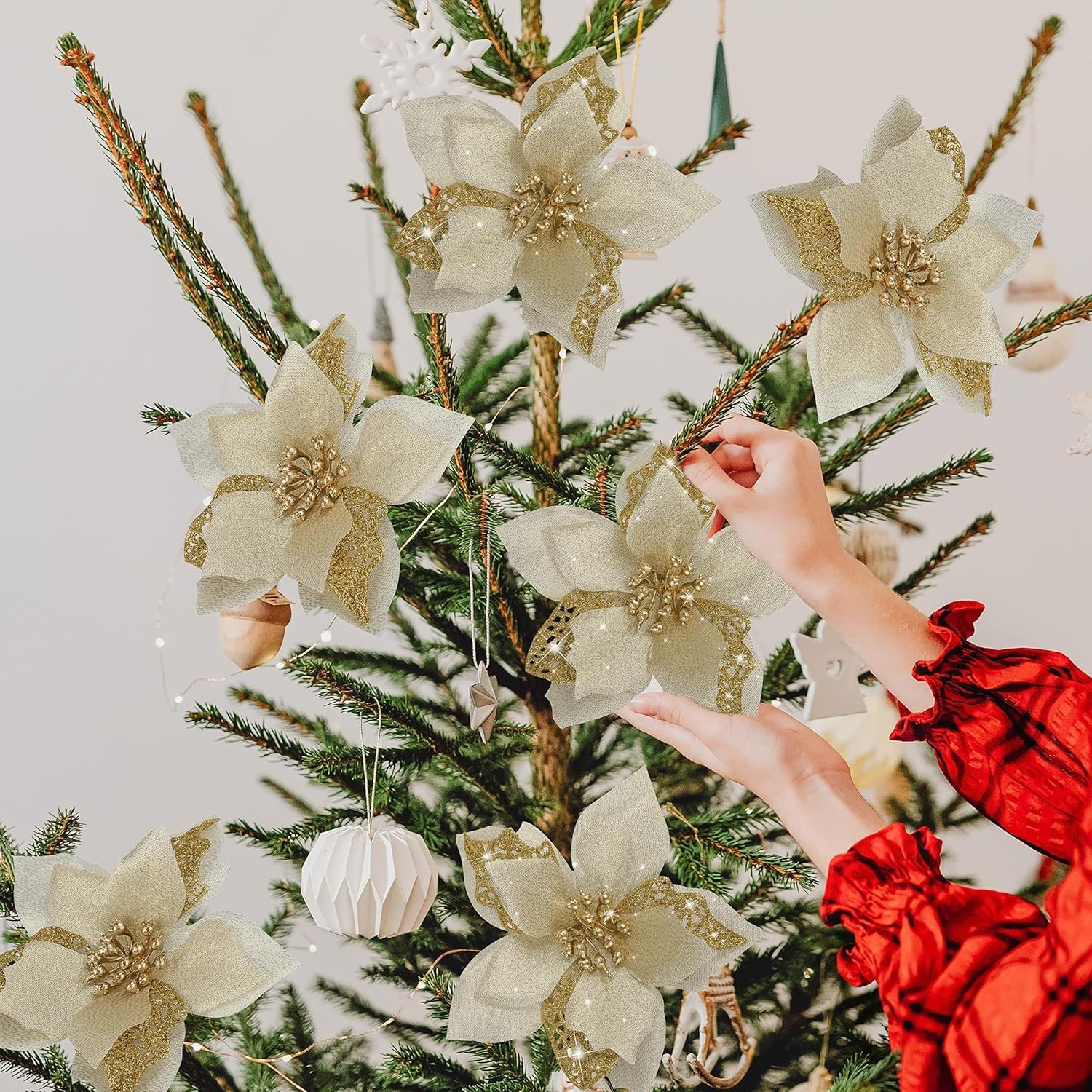 12 PCS Poinsettia Flower Artificial Poinsettia Christmas Decoration 5.9'' Gold Glitter Poinsettias Christmas Ornaments Christmas Tree Flower Decor with Clips DIY Xmas Wreath Holiday Home Party Decor - Image 7