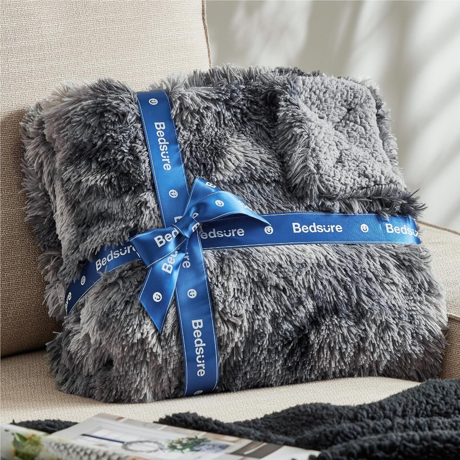 Bedsure Soft Throw Blanket for Couch, Fluffy Fuzzy Blankets & Throws for Bed, Sofa, Cozy Plush Sherpa Fleece Faux Fur Blanket, Thick Warm Christmas Blanket Decor Gifts for Women, Men, 50x60, Grey - Image 6
