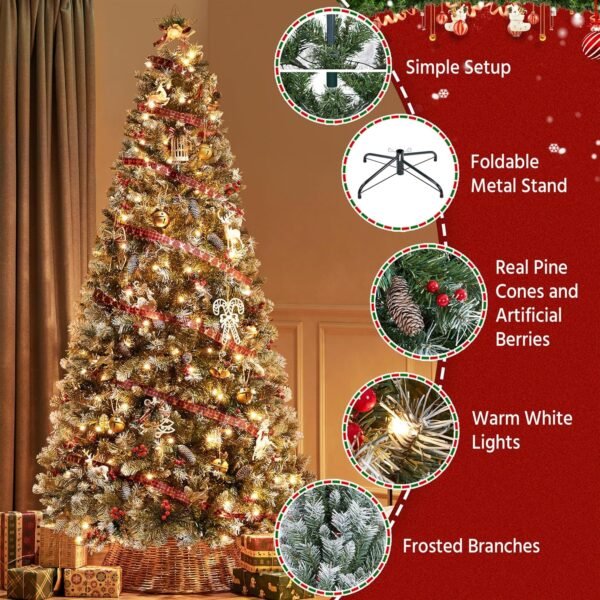 Yaheetech 7.5ft Pre-lit Frosted Artificial Hinged Christmas Tree with 1398 Flocked PVC Tips,88 Pine Cones,88 Holly Berries & 500 Warm White Lights,Foldable Stand,Green - Image 6