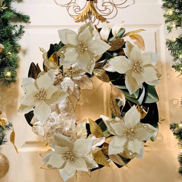 12 PCS Poinsettia Flower Artificial Poinsettia Christmas Decoration 5.9'' Gold Glitter Poinsettias Christmas Ornaments Christmas Tree Flower Decor with Clips DIY Xmas Wreath Holiday Home Party Decor - Image 4
