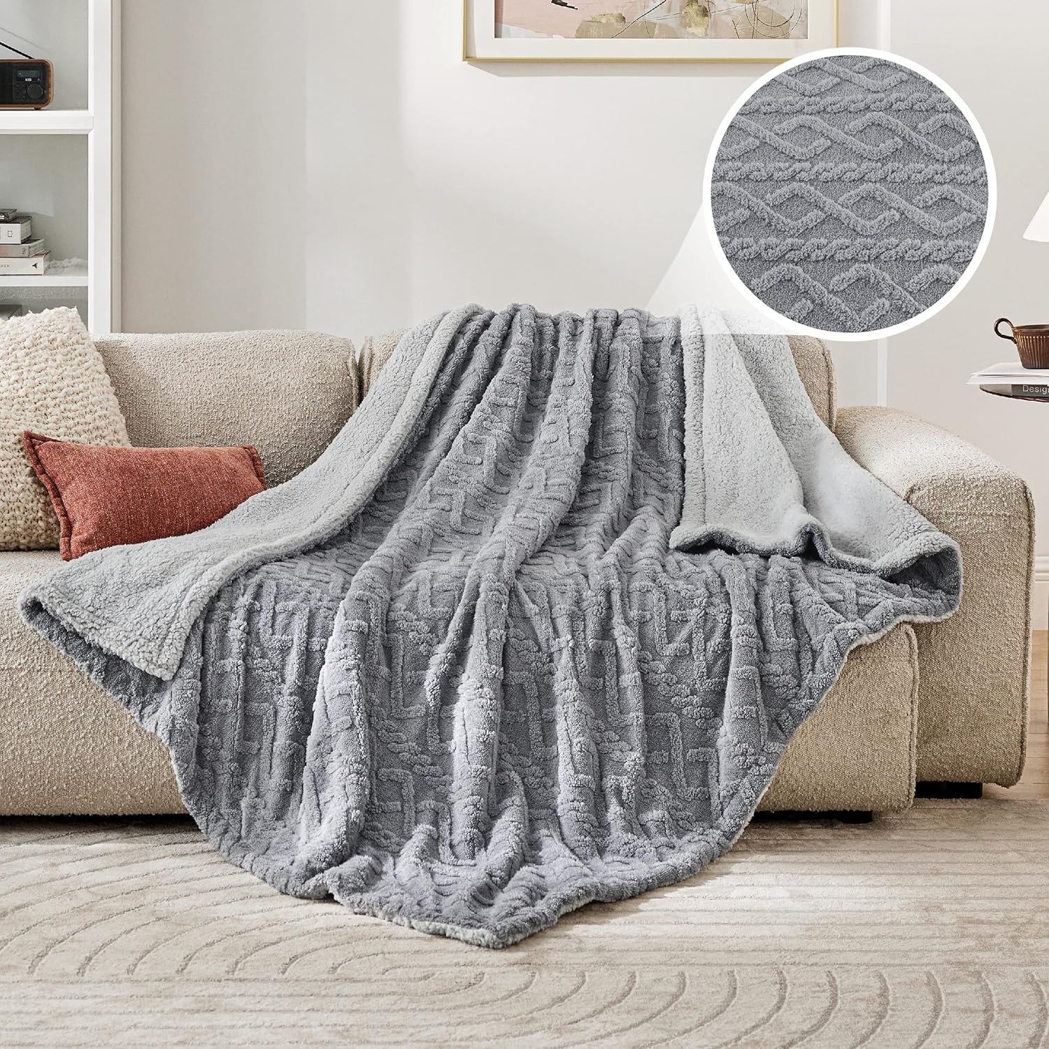 Bedsure Sherpa Throw Blanket for Couch - Soft Fuzzy Cozy Blanket for Winter, Fleece Plush Thick Warm Christmas Blanket Gifts for Women, Grey, 50x60 Inches - Image 3