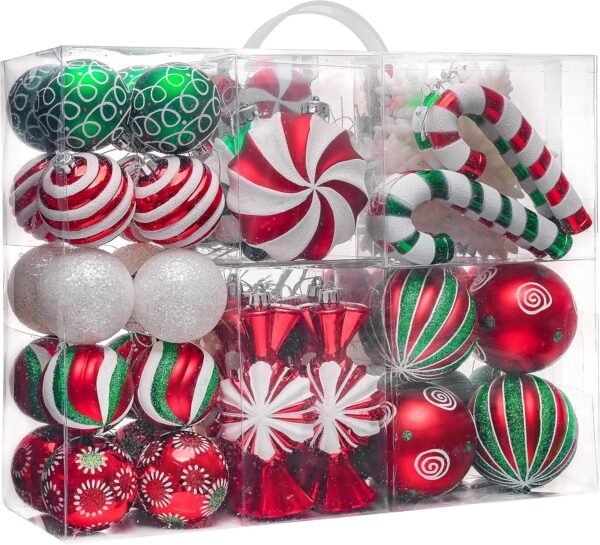 Valery Madelyn Christmas Ornaments Set, 108ct Candy Cane Red Green White Shatterproof Christmas Tree Decorations Ball Ornaments Bulk, Decorative Hanging Ornaments for Xmas Trees Holiday Party Decor - Image 2