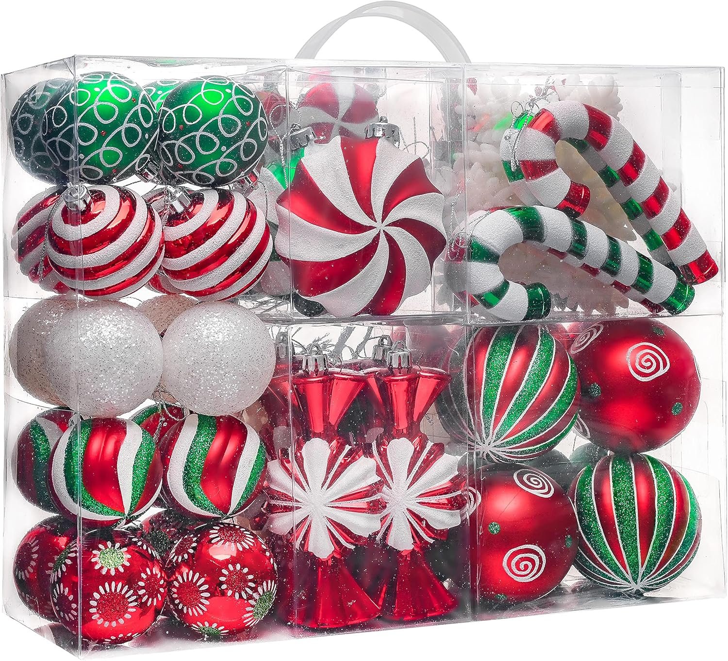 Valery Madelyn Christmas Ornaments Set, 108ct Candy Cane Red Green White Shatterproof Christmas Tree Decorations Ball Ornaments Bulk, Decorative Hanging Ornaments for Xmas Trees Holiday Party Decor - Image 2