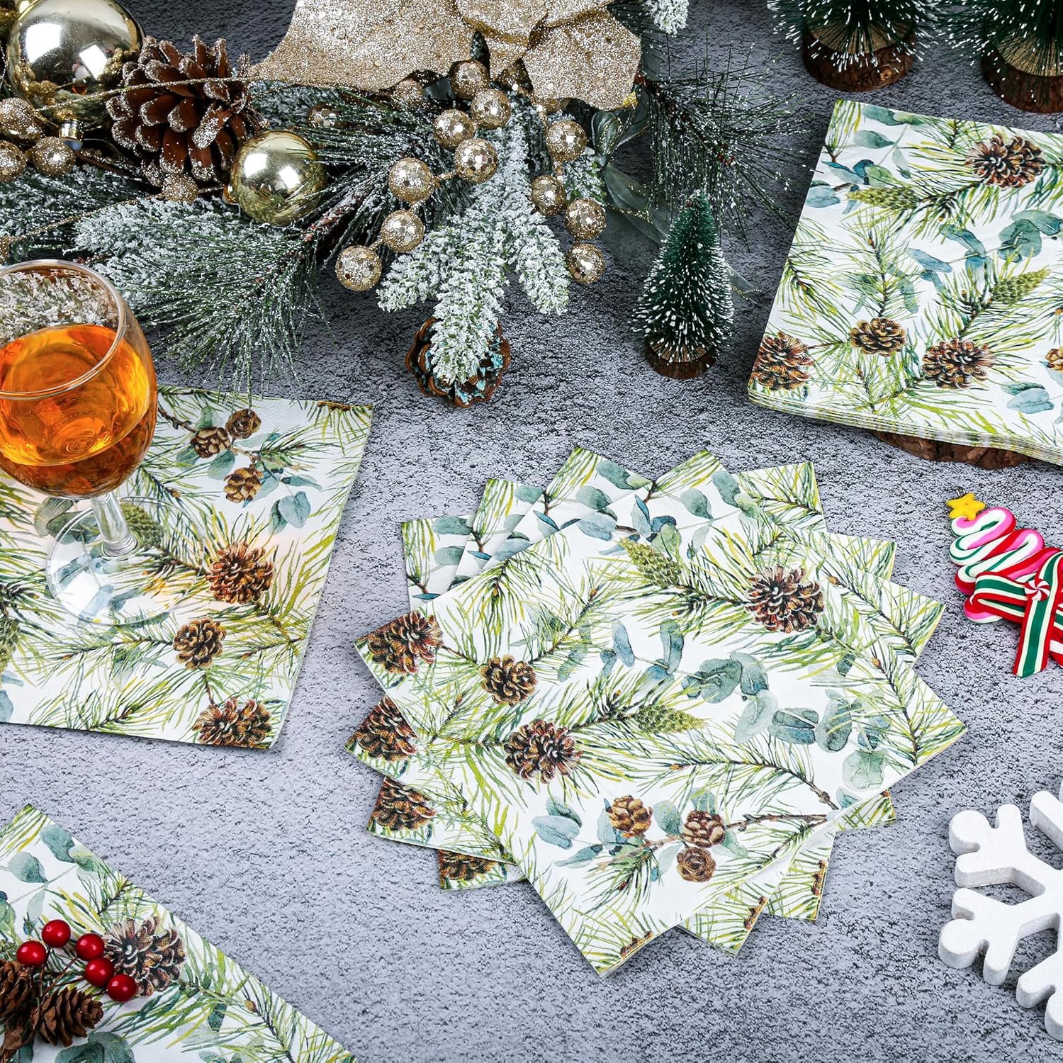 100 Christmas Party Napkins Winter Pine Branches Cones and Eucalyptus Disposable Paper Napkins Watercolor Greenery Branches Holiday Dinner Hand Towel for Party Supplies Table Decor - Image 4