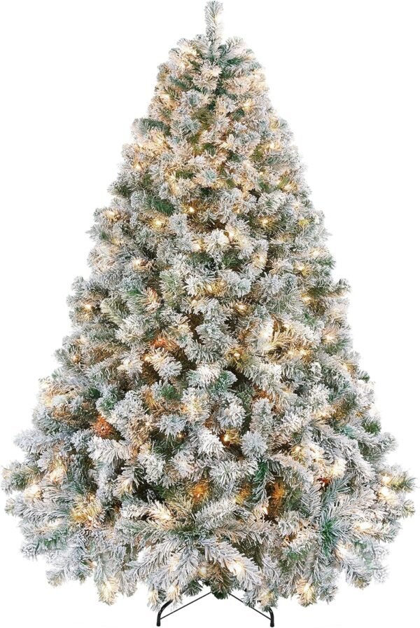 Yaheetech 6ft Pre-lit Artificial Christmas Tree with Incandescent Warm White Lights, Snow Flocked Full Prelighted Xmas Tree W/820 Branch Tips, 250 Incandescent Lights & Foldable Stand, Green & White - Image 2