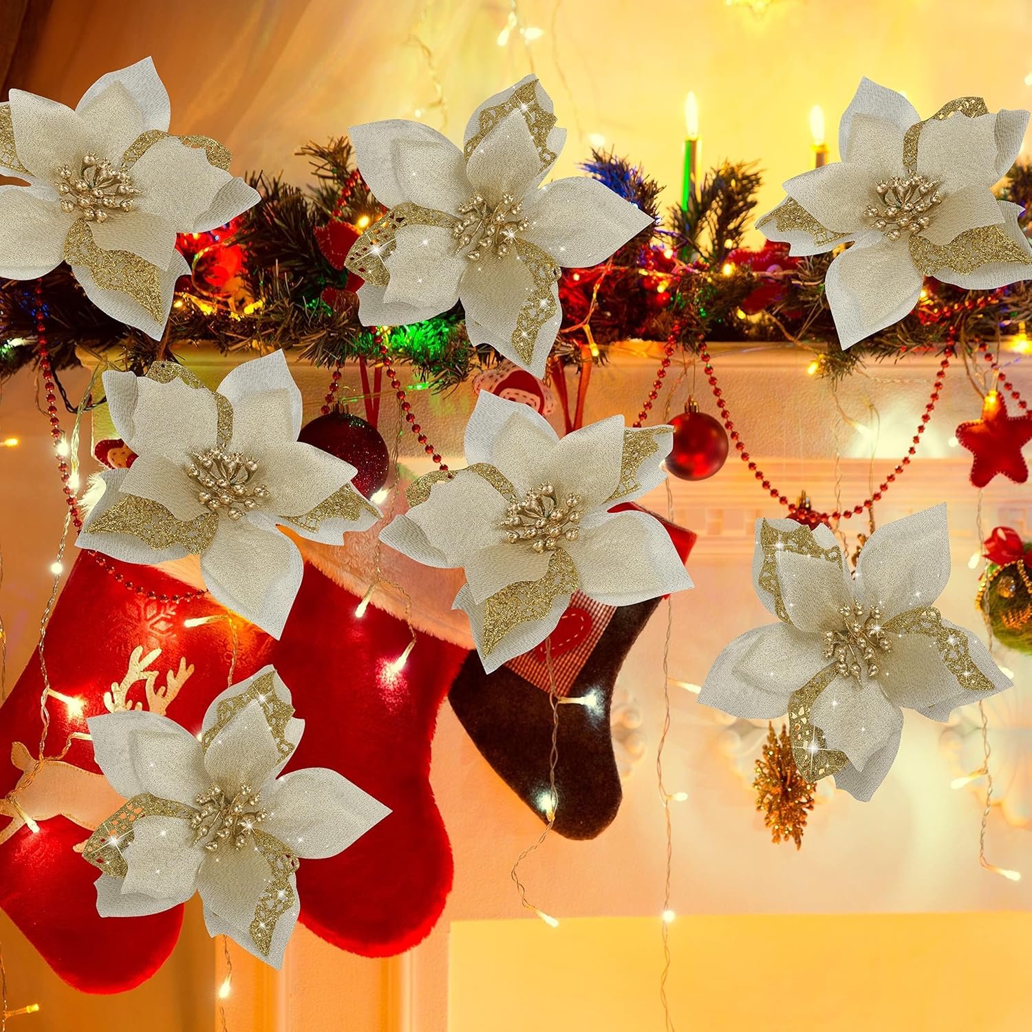 12 PCS Poinsettia Flower Artificial Poinsettia Christmas Decoration 5.9'' Gold Glitter Poinsettias Christmas Ornaments Christmas Tree Flower Decor with Clips DIY Xmas Wreath Holiday Home Party Decor - Image 3