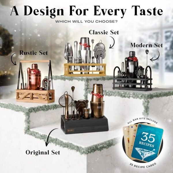 BARE BARREL® Mixology Bartender Kit Bar Set | 14-Piece Cocktail Shaker Set | Martini Barware Mixing Tools for Home Bartending | 35 Recipe Cards | Gift Set (24oz Cobbler Shaker, Jet Black/Black) - Image 10