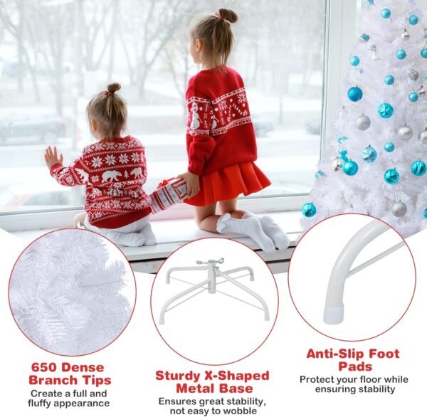 6Ft Artificial White Christmas Tree, Pine Tree with Solid Metal Legs & Pine Needles, Ideal for Indoor & Outdoor Home, Office, Holiday Decoration - Image 6
