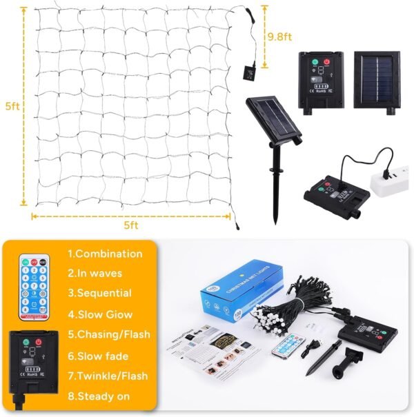 Solar Net Christmas Lights Outdoor,5ftx5ft 100Led Net Lights Outdoor Mesh Lights,8 Modes Connectable Net Christmas Lights Outdoor for Shrubs, Bush Lights Outdoor Christmas Décor(Warm White) - Image 8