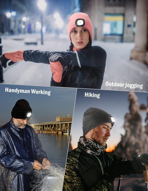MELASA Unisex Hat with Light, USB Rechargeable Hands Free Headlamp LED Beanie, Winter Gifts for Men Dad Father Husband Him - Image 3