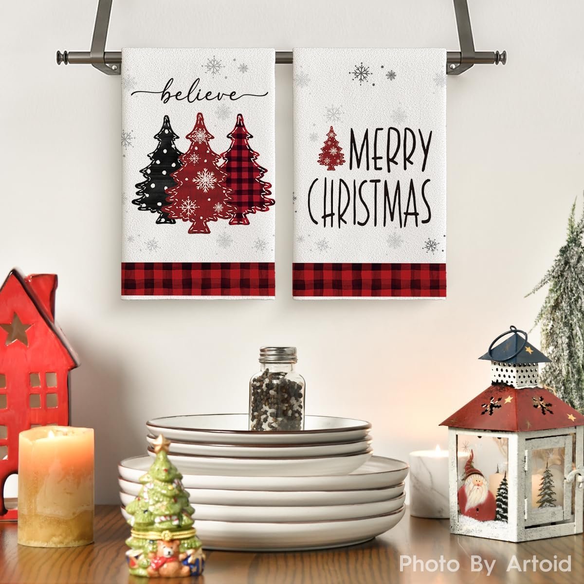 Artoid Mode Red Pine Trees Merry Christmas Kitchen Towels Dish Towels, 18x26 Inch Believe Winter Xmas Holiday Decoration Hand Towels Set of 2 - Image 3