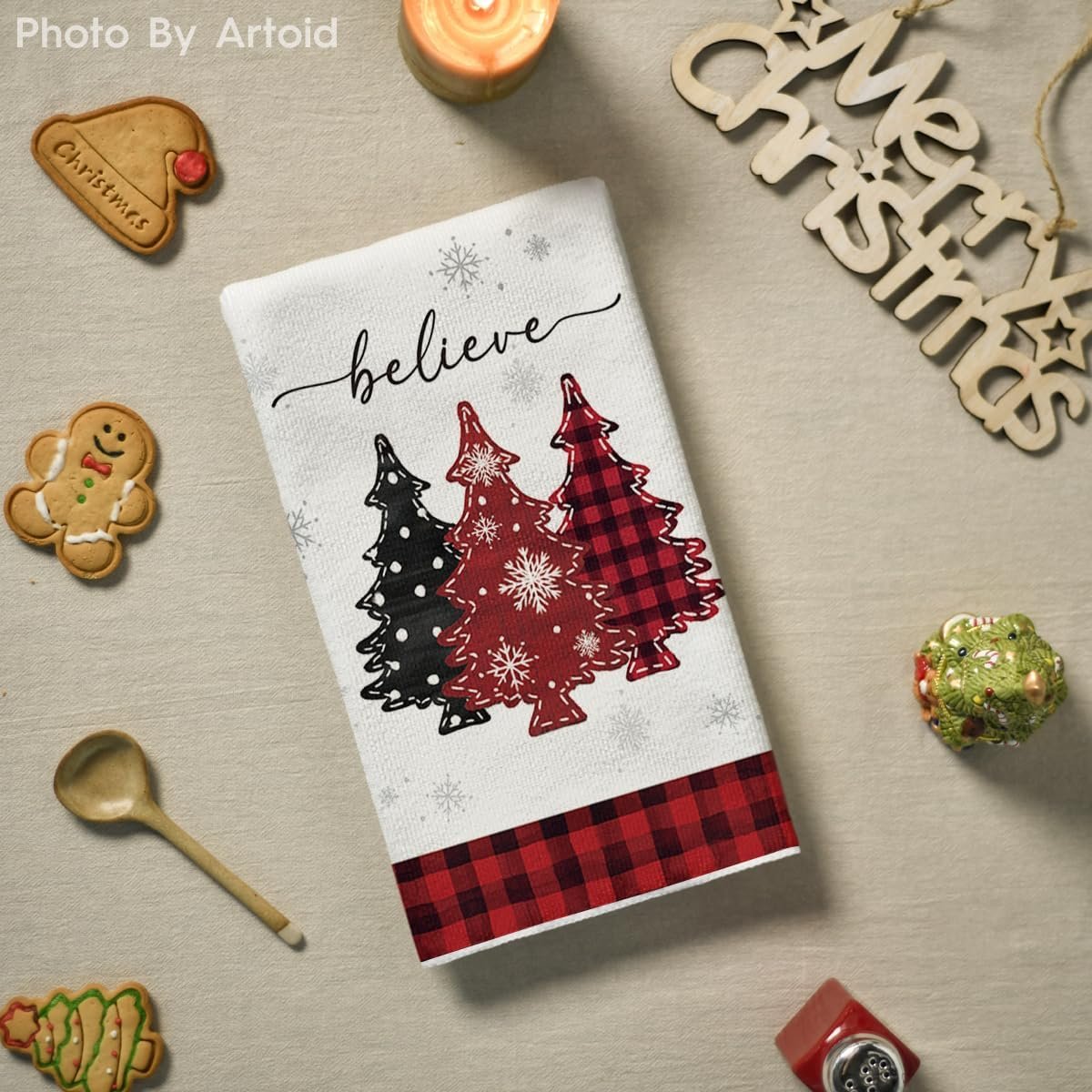 Artoid Mode Red Pine Trees Merry Christmas Kitchen Towels Dish Towels, 18x26 Inch Holiday Believe Xmas Winter Decoration Hand Towels Set of 2 - Image 5