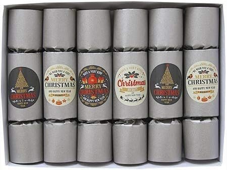 Olde English Crackers Holiday Silver Christmas Party Favors - Pkg of 6, each 10 inch decorative favor contains a tissue paper party hat, silly joke or riddle, and a Small British Theme Novelty Item - Image 2
