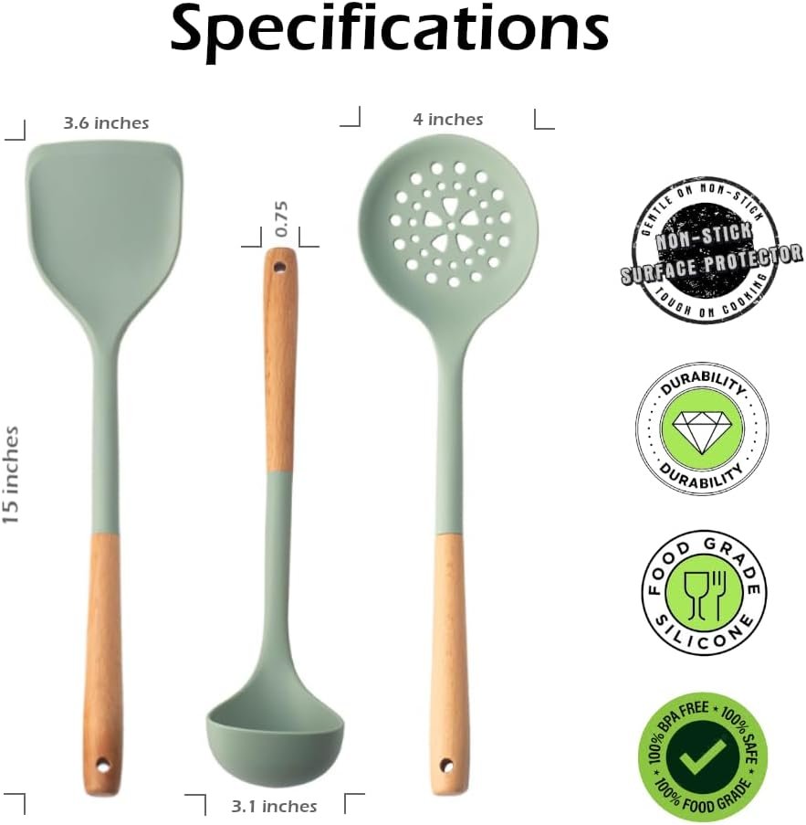 Set of 3 Kitchen Essentials Utensils Set of Silicone Spatulas 15 inches Large Heat Resistant 600F Cooking Baking Non Slip Handles Won't scratch Cookware, Turner Rubber Spatula Ladle Espatula (Green) - Image 3