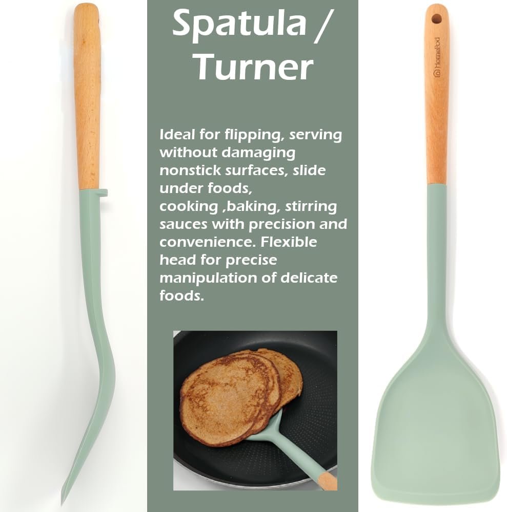 Set of 3 Kitchen Essentials Utensils Set of Silicone Spatulas 15 inches Large Heat Resistant 600F Cooking Baking Non Slip Handles Won't scratch Cookware, Turner Rubber Spatula Ladle Espatula (Green) - Image 5