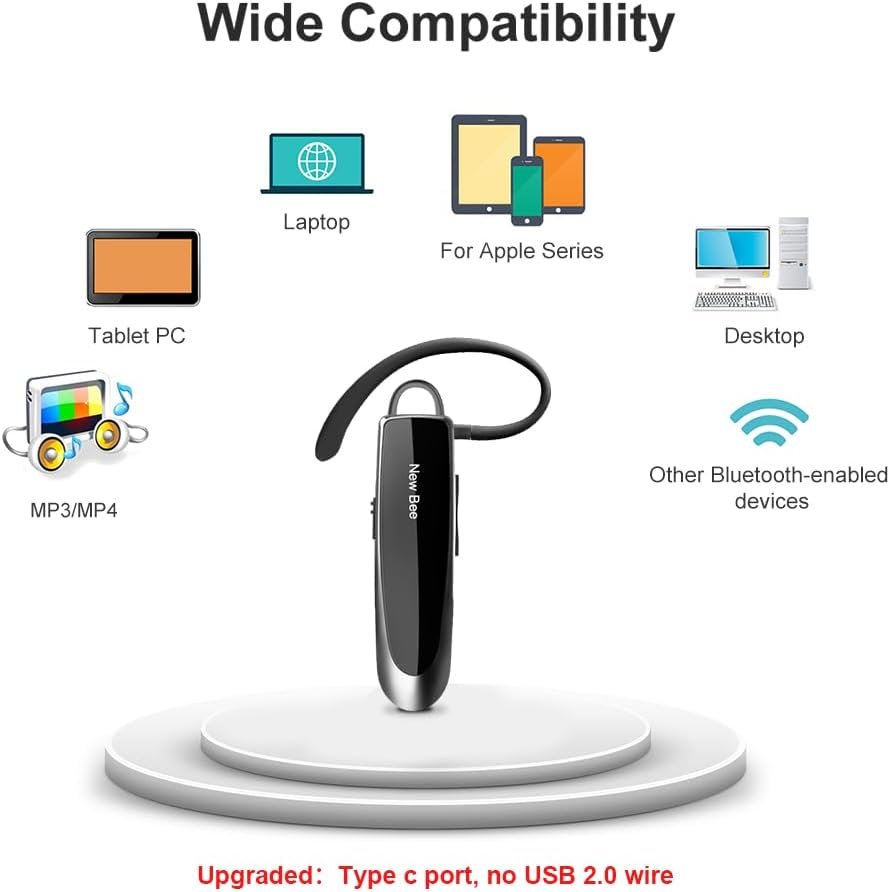 New bee Bluetooth Earpiece V5.0 Wireless Handsfree Headset with Microphone 24 Hrs Driving Headset 60 Days Standby Time for iPhone Android Samsung Laptop Trucker Driver (Black) - Image 6