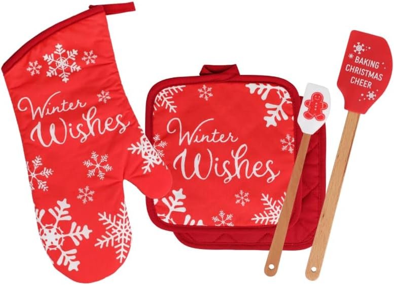 (2) Pot Holders (1) Oven Mitt (2) Silicon Spatulas Holiday Baking Cooking Christmas Kitchen Décor Gift Set Heat Resistant Red Snowflake Gingerbread Man - Image 2
