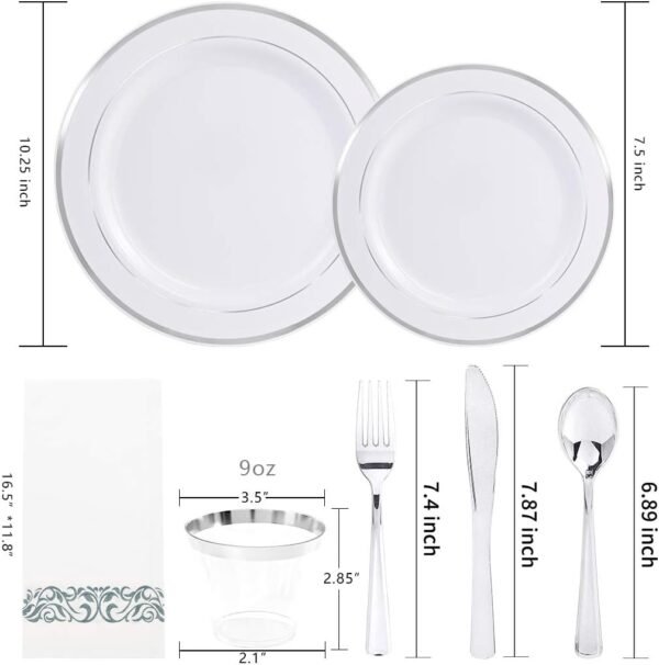 bUCLA 350PCS Silver Plastic Dinnerware Set for 50 Guests - Silver Plastic Plates Disposable for Party Include 50 Dinner Plates,50 Dessert Plates,50 Forks,50 Knives,50 Spoons,50Cups,50 Napkins - Image 4