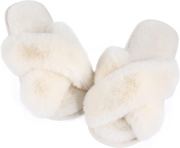 Ankis Womens Fuzzy Memory Foam Slippers Cross Band Cozy Plush Home Slippers Fluffy Furry Open Toe House Shoes Indoor Outdoor Slide Slipper - Image 2
