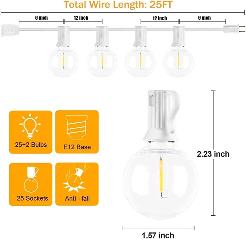 25Ft LED String Lights, G40 Outdoor Patio String Lights with 27 Shatterproof LED Clear Globe Bulbs, Indoor&Outdoor String Lights for Patio Garden Backyard Bistro Pergola Tents Gazebo Decor, White Wire - Image 3