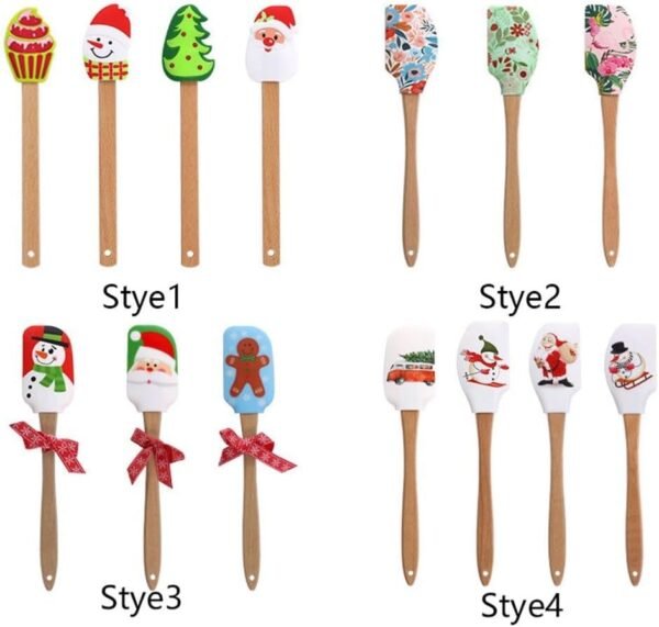 Christmas Silicone Spatula Xmas Cake Spatula with Wooden Handle Pancake Spatula Xmas Dish Scraper for Mixing Cooking Baking(Style 1 Tree) - Image 8