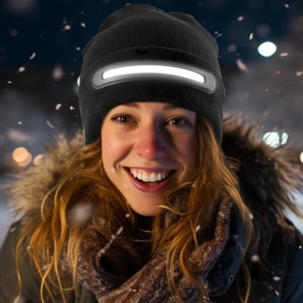 LED Lighted Beanie with Light, Unisex Warm Knitted Black Winter Hat, USB Rechargeable Headlamp Cap for Outdoors, Tech Gift for Men Dad Father Him - Image 9