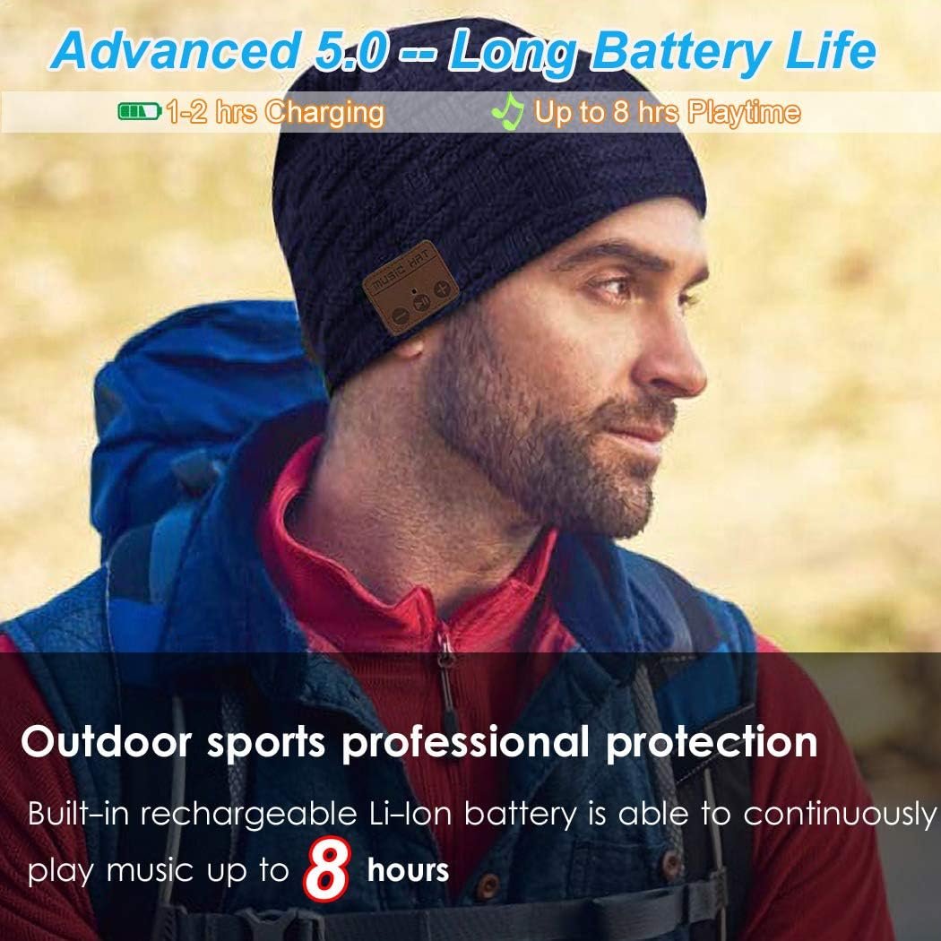 Wireless Beanie Hat with Headphones Smart Beanie Headset Winter Hats Warm Musical Cap 5.0 Headphone Built-in Mic Handsfree for Skiing Skateboarding Jogging for Men Women Boys Girls Blue - Image 4
