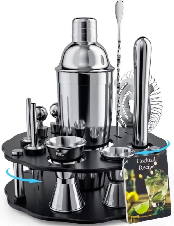 Bartender Kit, 14 Piece Cocktail Shaker Set Stainless Steel Bar Tools with Rotating Stand, 25 oz Shaker Tins, Jigger, Spoon, Pourers, Muddler, Strainer, Tongs, Bottle Stoppers, Opener, Recipes - Image 2