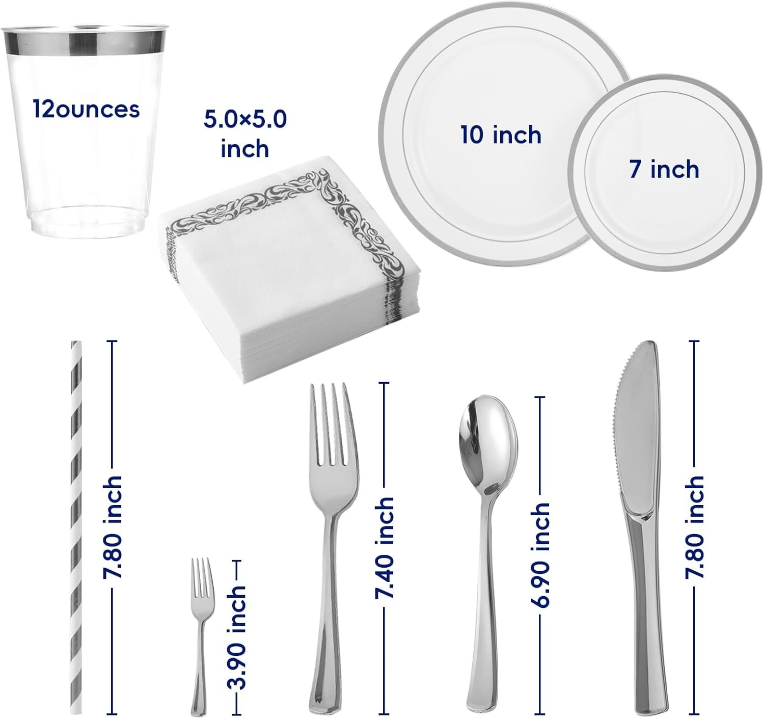250 Count Silver Disposable Plastic Dinnerware Set, 50 Silver Plastic Plates, 25 Plastic Silverware, 25 Silver Cups and Straws, 50 Napkins, Perfect for Wedding Party - Image 4