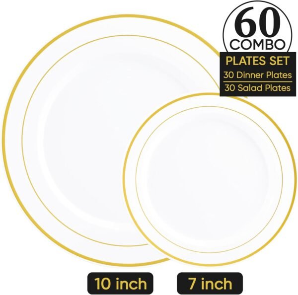 FOCUSLINE Gold Plastic Plates Set of 60, Disposable Plates with Gold Rim 30 Dinner Plates 10" and 30 Salad Dessert Appetizer Plates 7", Elegant Fancy Heavy Duty Wedding Party Plates - Image 6
