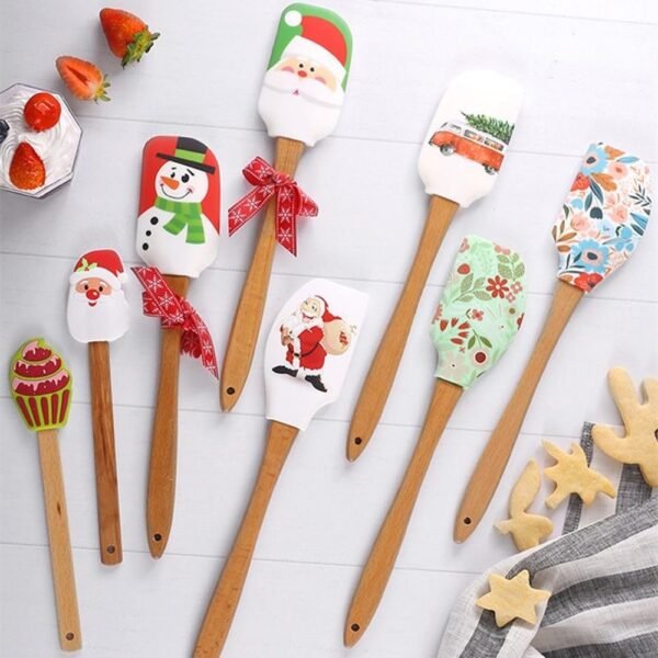 Christmas Silicone Spatula Xmas Cake Spatula with Wooden Handle Pancake Spatula Xmas Dish Scraper for Mixing Cooking Baking(Style 1 Tree) - Image 6