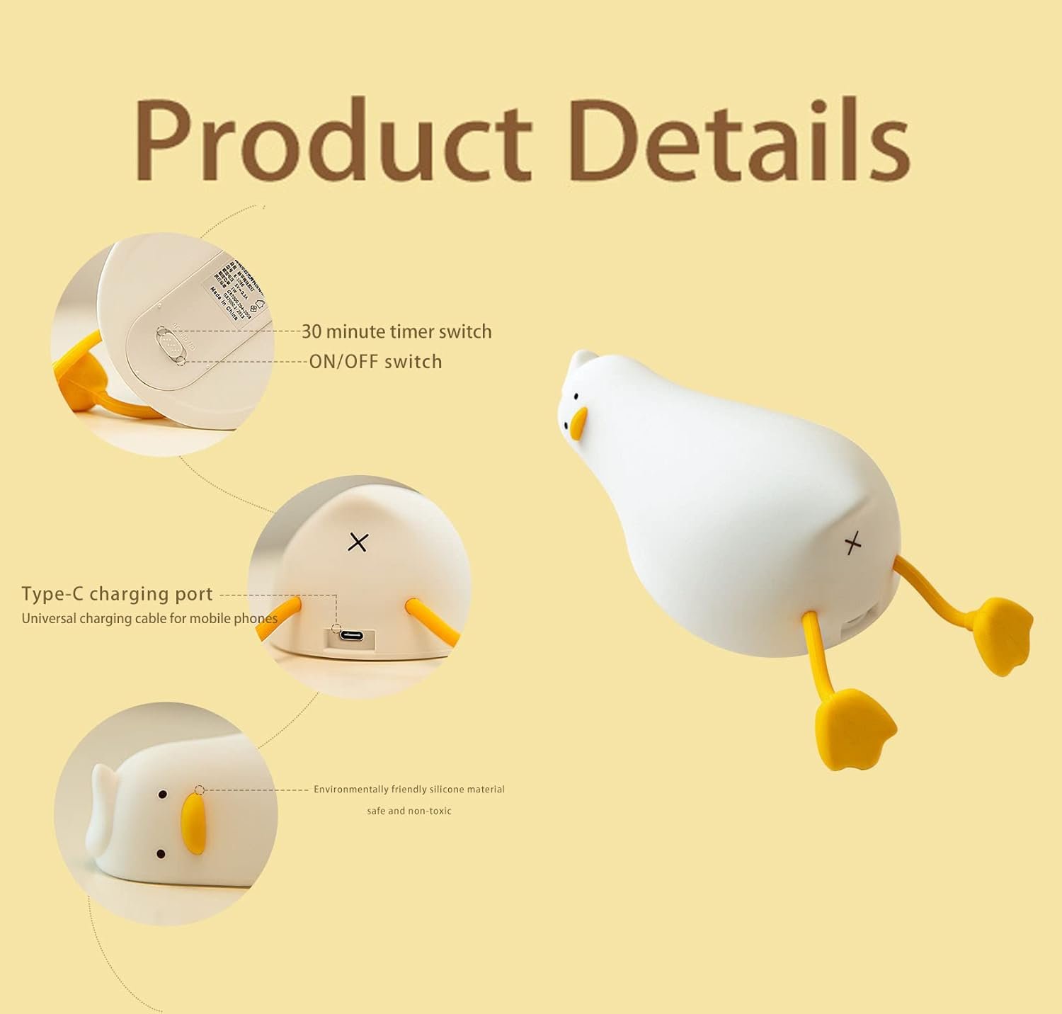 HAPPYBAG LED Lying Flat Duck Night Light, 3 Level Dimmable Nursery Nightlight,Cute Lamps Silicone Squishy Light Up Duck,Rechargeable Bedside Touch Lamp for Breastfeeding Toddler Baby Kids Decor - Image 5