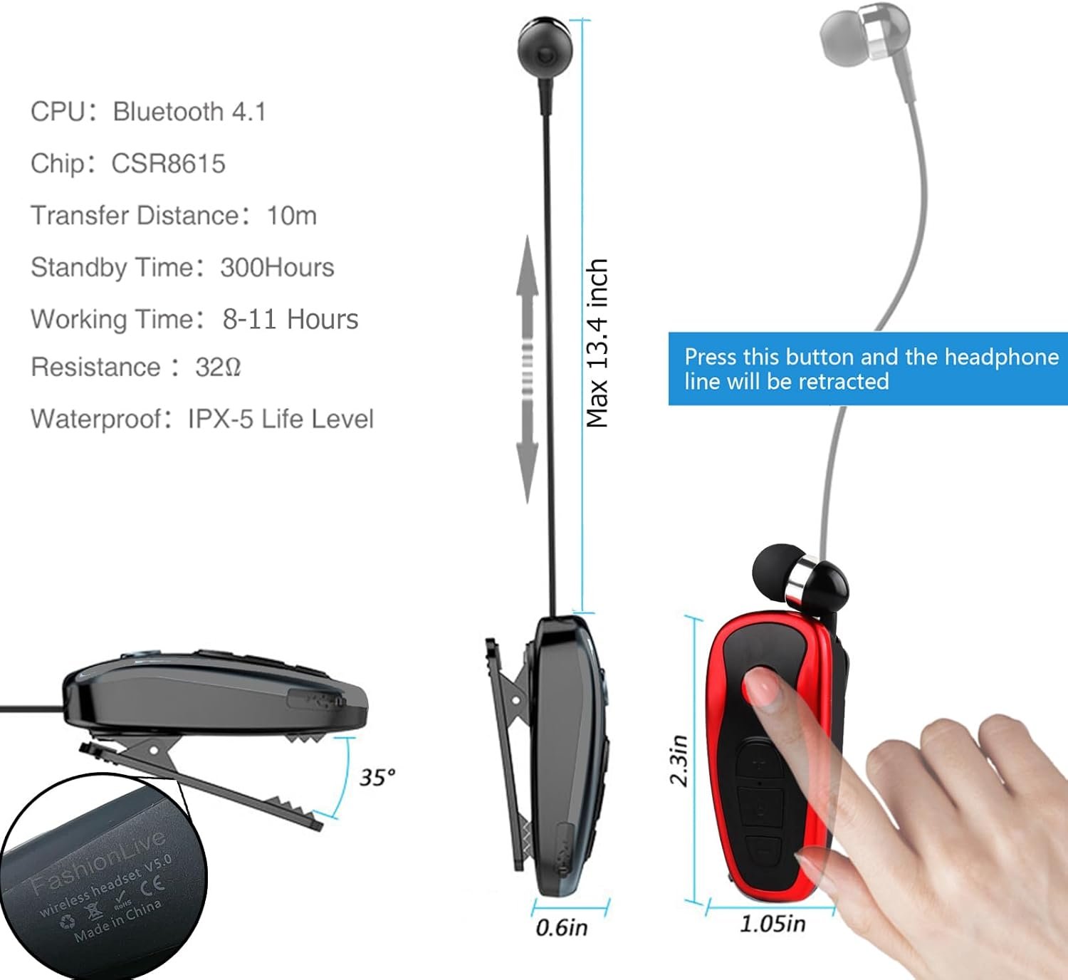 Retractable Wireless Headset Wireless Headphones Business Office Driver Earbud with Clip Retractable Noise Canceling Earbud - Image 6