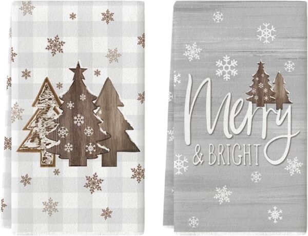 Artoid Mode Wood Xmas Tree Christmas Kitchen Towels Dish Towels, 18x26 Inch Holiday Merry and Bright Winter Decoration Hand Towels Set of 2 - Image 2