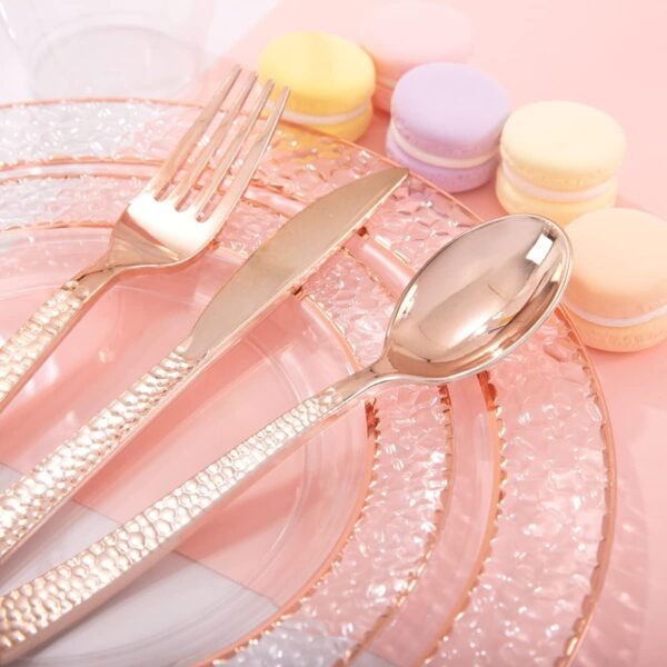 Ciaell 150PCS Rose Gold Plastic Plates – Disposable Rose Gold Plates with Rose Gold Plastic Silverware include 50Plates, 25Forks, 25Knives, 25Spoons, 25Cups for Wedding & Party - Image 6