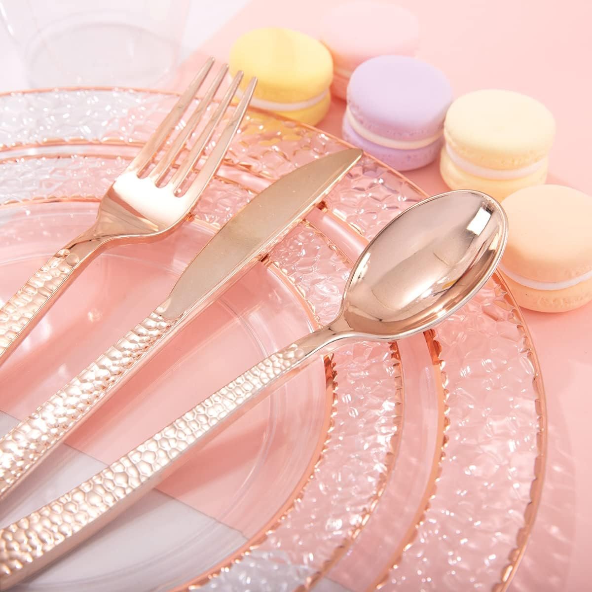 Ciaell 150PCS Rose Gold Plastic Plates – Disposable Rose Gold Plates with Rose Gold Plastic Silverware include 50Plates, 25Forks, 25Knives, 25Spoons, 25Cups for Wedding & Party - Image 6