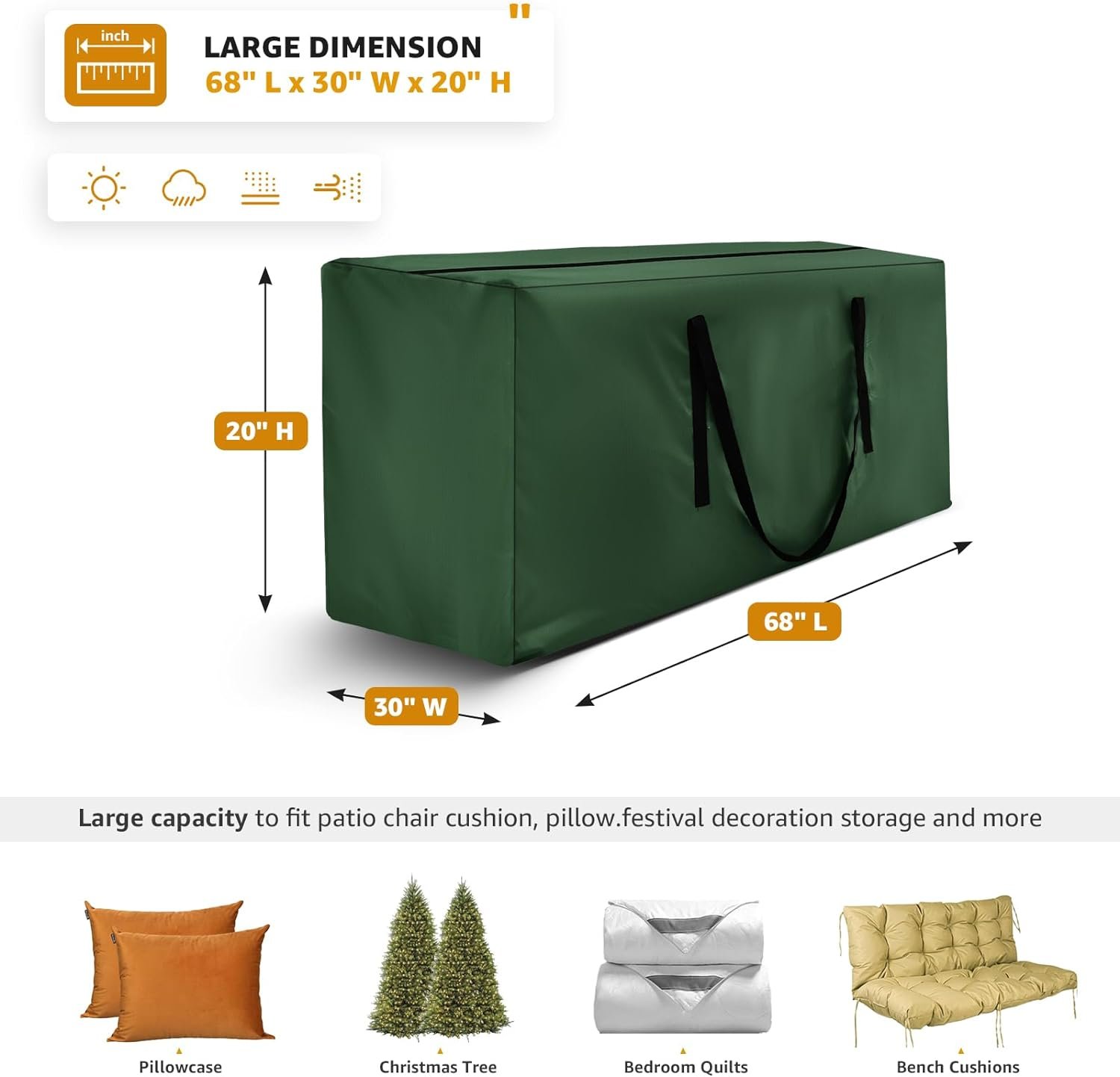 Storage Bag 2 Pack,Cushion Storage Bag Fits Up to 12 ft Tall Artificial Disassembled Trees, Heavy Duty Xmas Tree Bag, Outdoor Cushion Storage Bag with Zippers and Handles 68" L X 30" W X 20" - Image 4